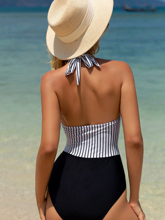 Striped Halter Neck One-Piece Swimwear