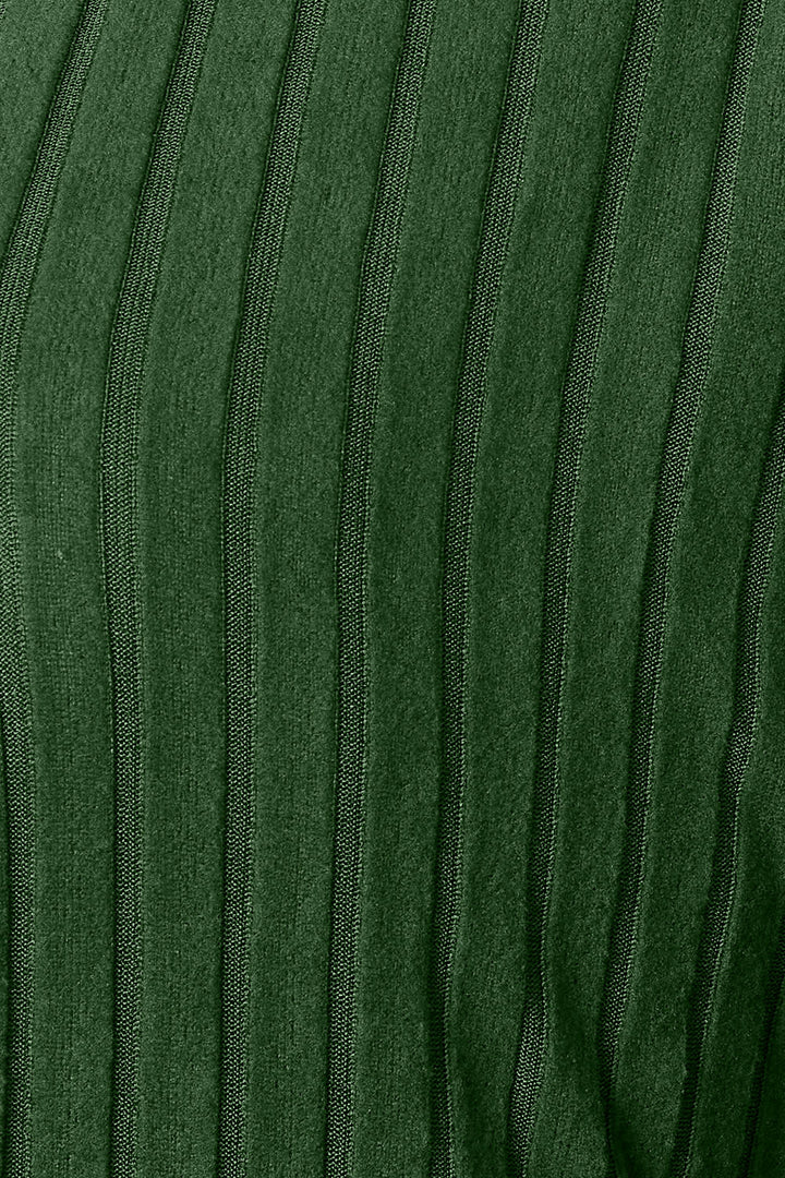 Close-up of the Basic Bae Full Size Ribbed Cocoon Cardigan in green, made from polyester fabric with vertical textured lines, featuring a basic style and slightly stretchy feel.