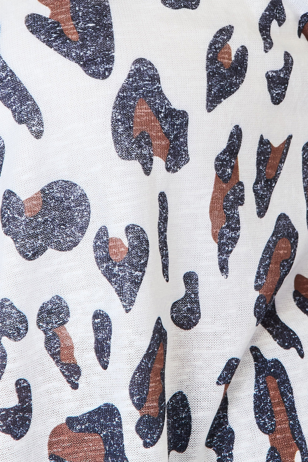 A close-up of a Double Take Leopard Long Sleeve Cardigan shows its black and brown leopard print on a white background. The soft, slightly wrinkled texture adds depth, enhancing this trendy wardrobe addition. Perfect for crafting your style statement.