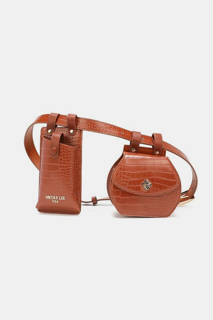 The Nicole Lee USA 2 Piece Texture Belt Bag is a brown vegan leather belt bag with two pouches—one rectangular with a flap and one rounded with a snap—on an adjustable strap for customizable wear.