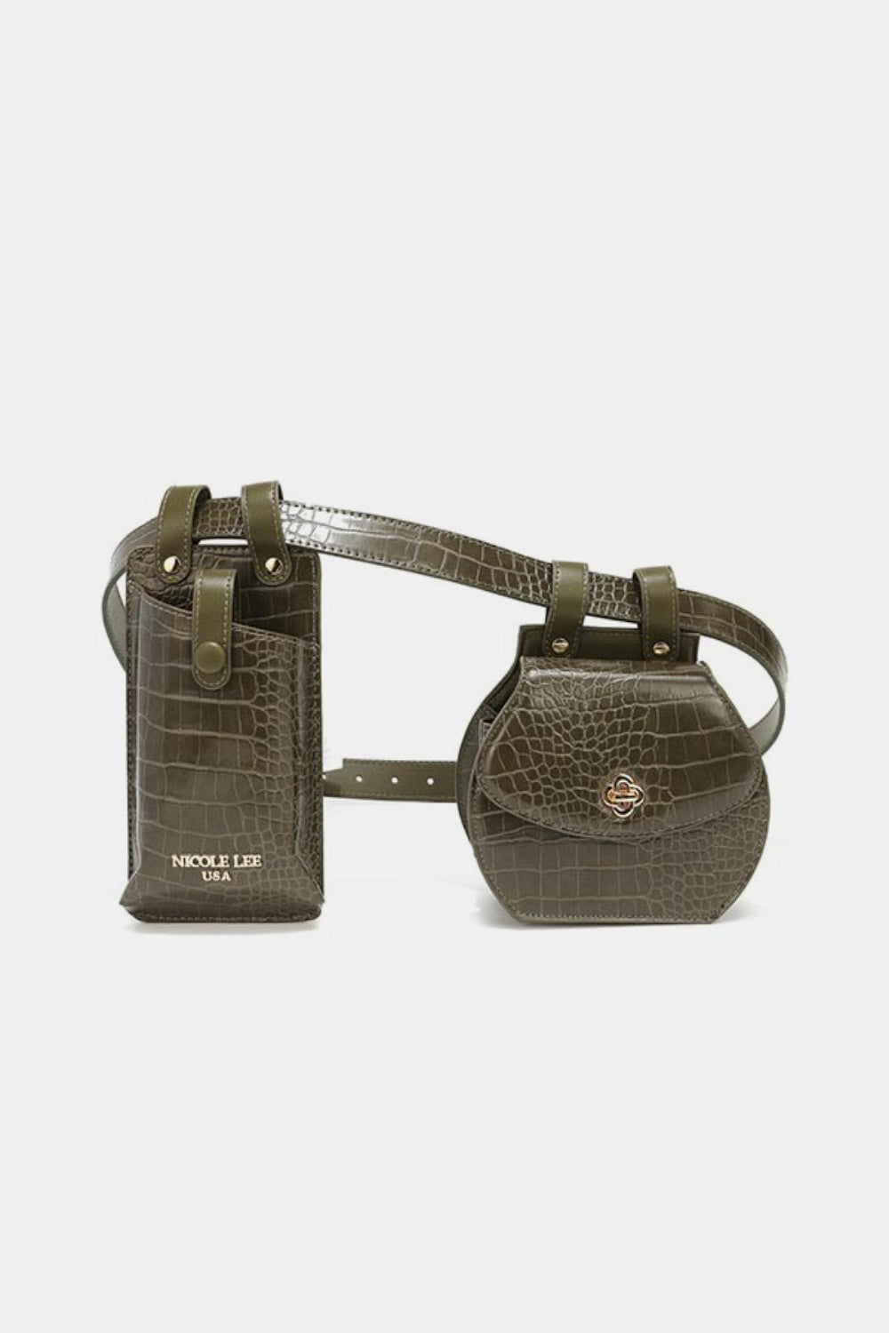 The Nicole Lee USA 2 Piece Texture Belt Bag features two olive green vegan leather pouches—one rectangular with a gold logo and loop closure, one round with flap and gold clasp—on a matching adjustable strap.