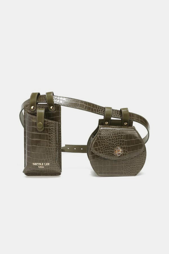 The Nicole Lee USA 2 Piece Texture Belt Bag features two olive green vegan leather pouches—one rectangular with a gold logo and loop closure, one round with flap and gold clasp—on a matching adjustable strap.