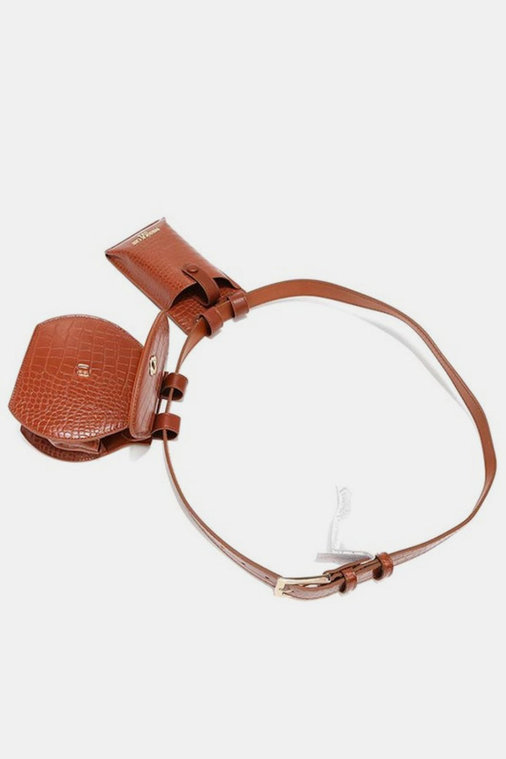 The Nicole Lee USA 2 Piece Texture Belt Bag, shown on a white background, has an adjustable strap and small pouches in smooth and crocodile-patterned brown vegan leather.