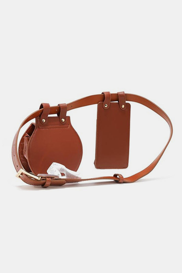 The Nicole Lee USA 2 Piece Texture Belt Bag is a brown vegan leather belt bag with circular and rectangular pouches and an adjustable strap, shown against a plain white background.