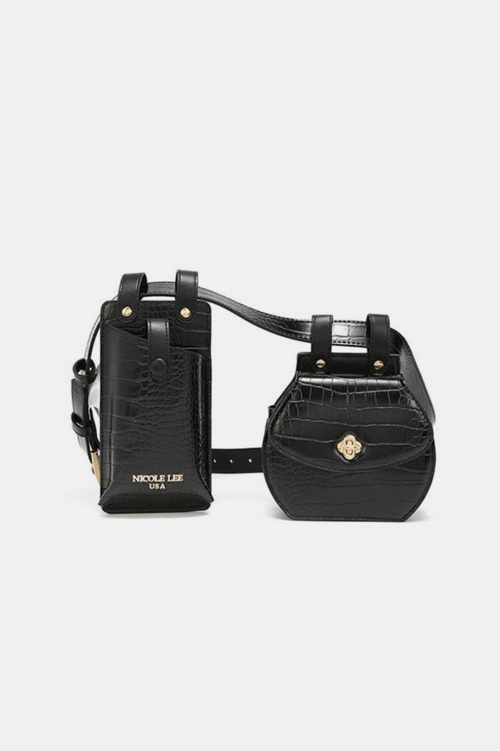 The Nicole Lee USA 2 Piece Texture Belt Bag features two black vegan leather bags—one rectangular, one round—connected on a black belt with gold hardware and an adjustable strap, shown against a white background.
