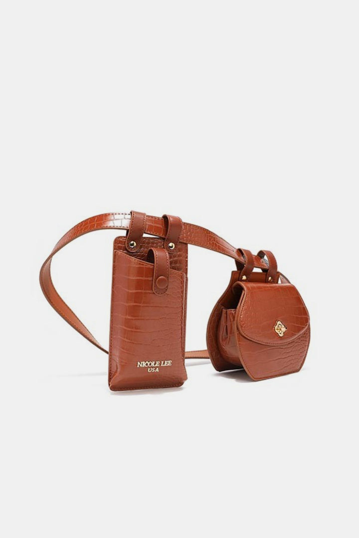 The Nicole Lee USA 2 Piece Texture Belt Bag features a brown vegan leather belt with crocodile pattern, including a phone holder and a small round pouch with flap and gold emblem, both on an adjustable strap.