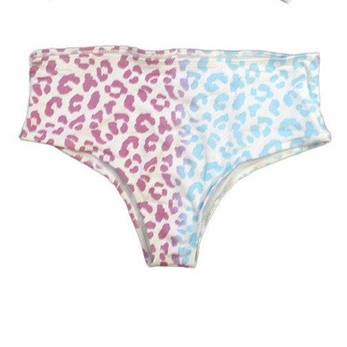 This is a berry blast color changing high waisted bikini bottom in a cheetah print for girls.  This print is a color changing temperature activated pattern.  Goes from purple to blue. Kameleon Swim