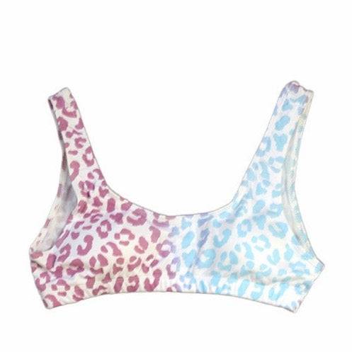 This is a berry blast color changing high waisted bikini top in a cheetah print.  This print is a color changing temperature activated pattern.  Goes from purple to blue. Kameleon Swim