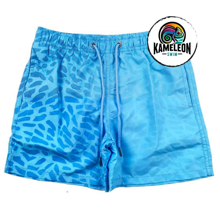 Color changing swim trunks for kids that activate when temperature changes.  This is our atlantic paint brush pattern that disappears when activated. - Kameleon Swim