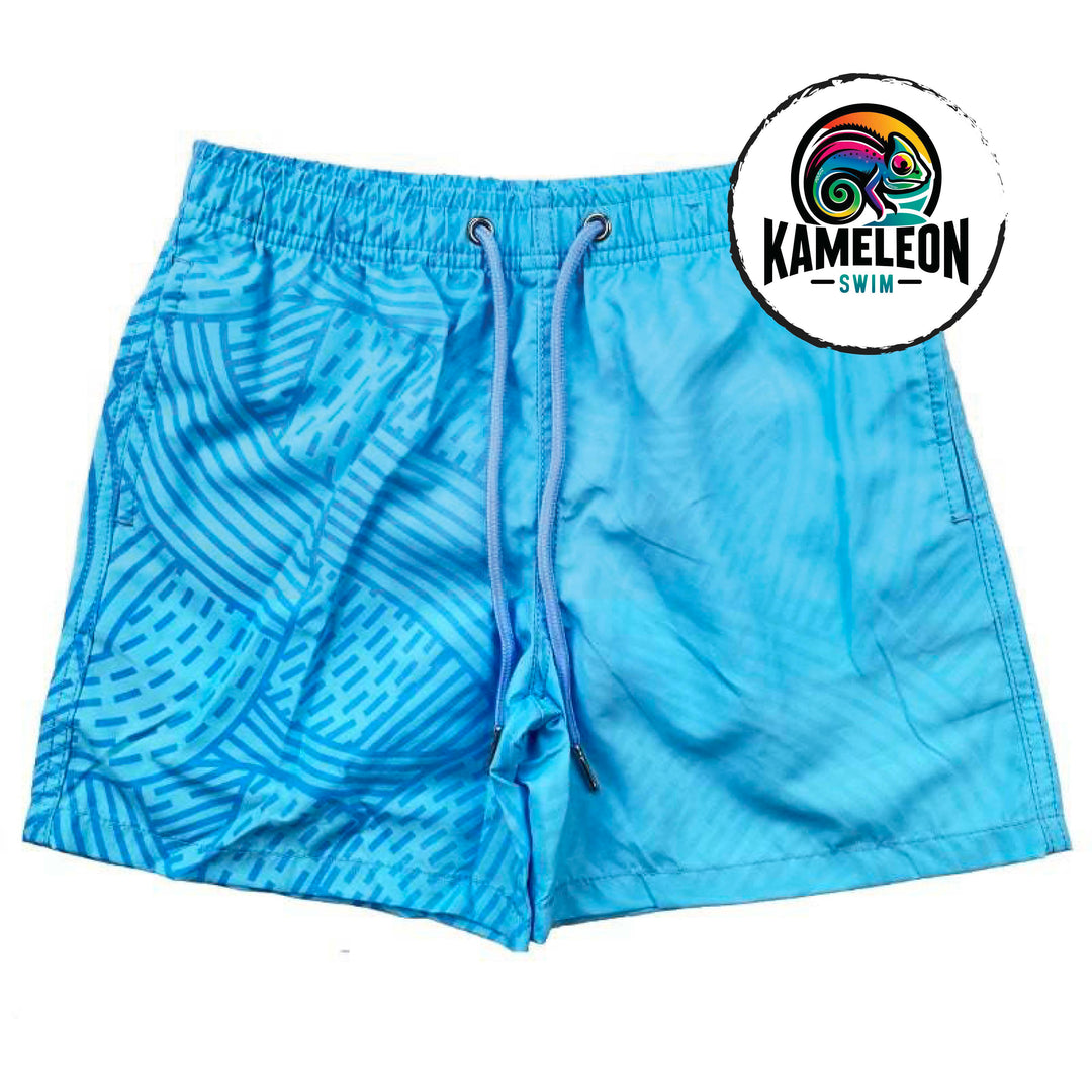 Color changing swim trunks for kids that change when temperature goes from cold to hot.  This is our atlantic wave pattern that disappears when activated. - Kameleon Swim