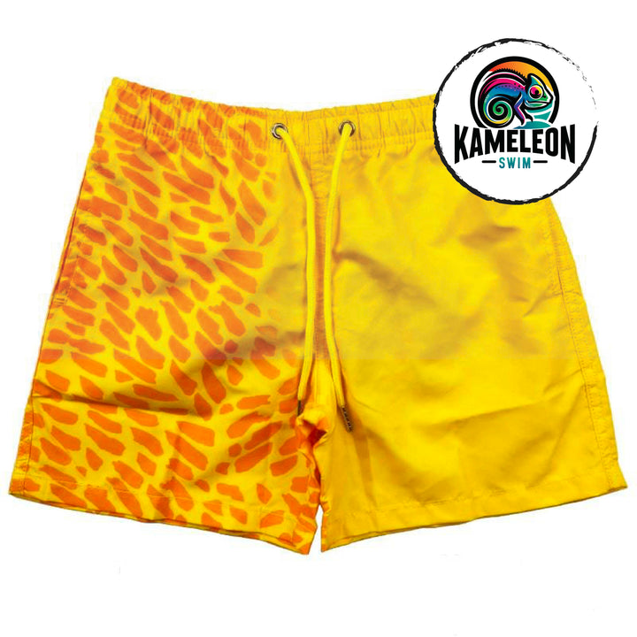 Color changing swim trunks for kids that activate when temperature changes.  This is our sunburst paint brush pattern that disappears when activated. - Kameleon Swim