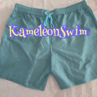 Turquoise Color Changing Men's Swim Trunks with a blue drawstring, featuring temperature reactive fabric that changes color. The words Kameleon Swim are written across the front in bold yellow and purple text.