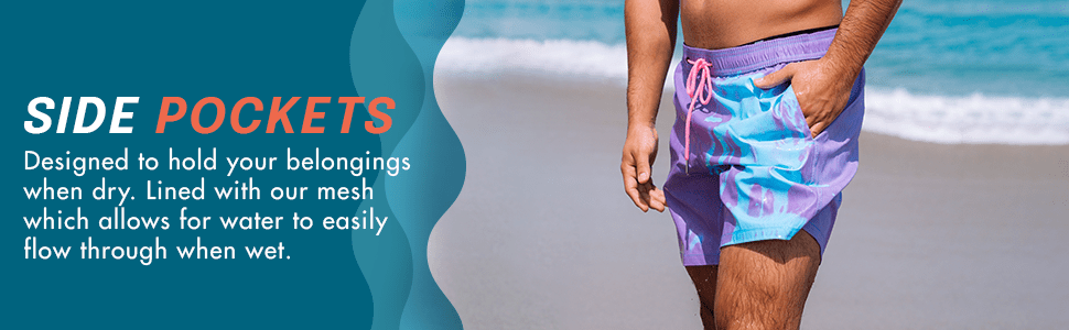 Kameleon Swim color changing board shorts demonstrate the side pocket in the berry blast colored swim trunks. Kameleon Swim