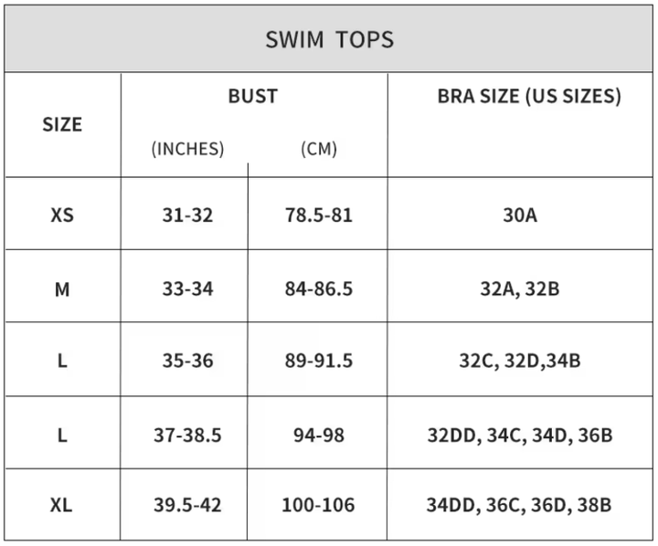 size chart for high waisted bikini