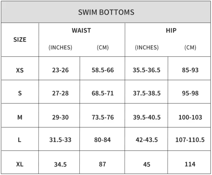 size guide for high waisted bikini bottom sizes