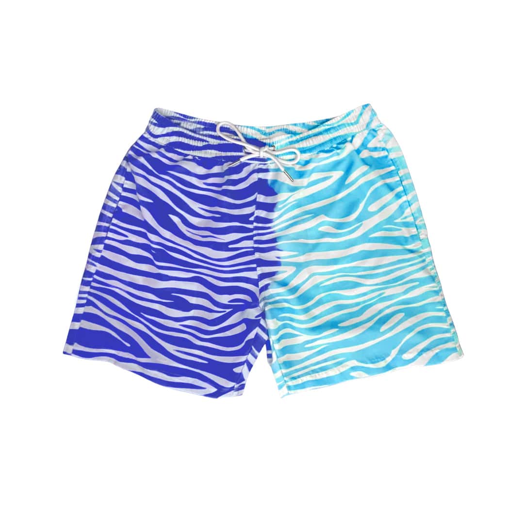 zebra print color changing mens shorts. These go from dark blue to lighter blue and are known as the kameleon color Atlantic. Kameleon Swim