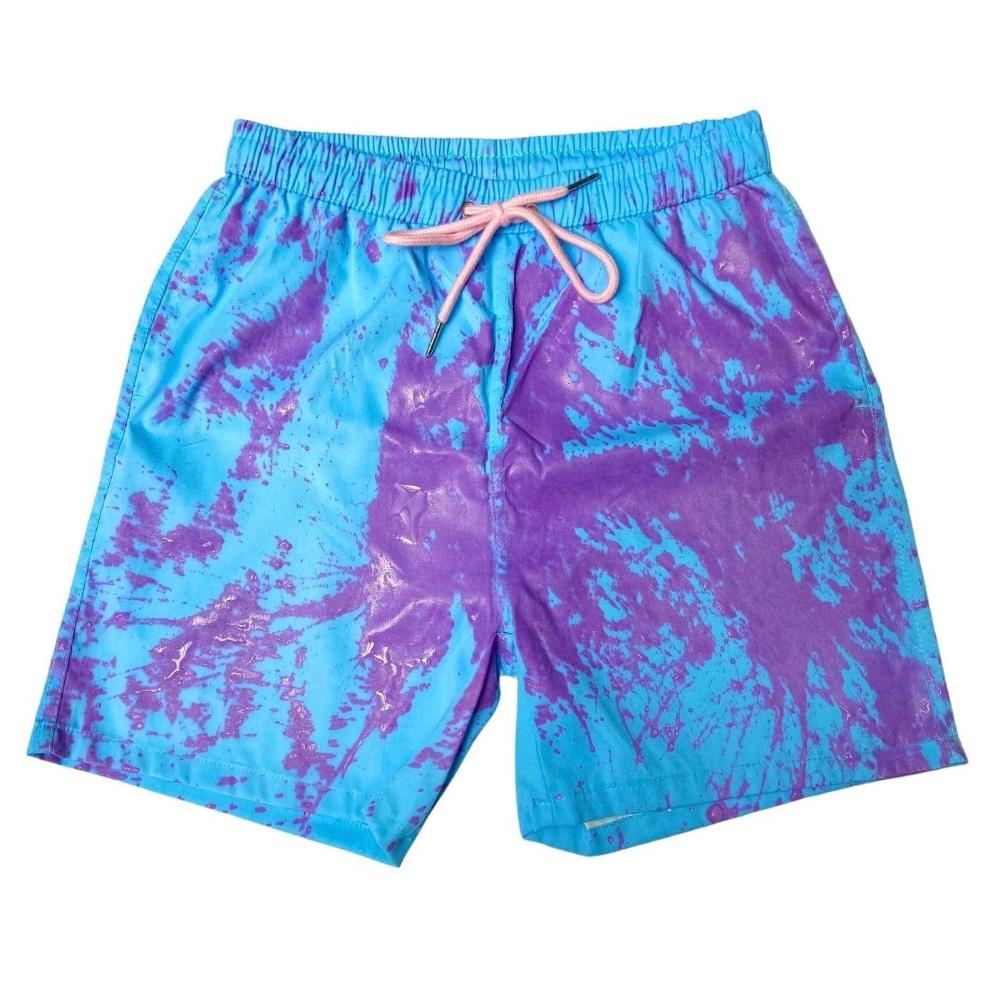 Berry blast color changing swim shorts change color when the crystals activate by heat. Going from purple to blue. Kameleon Swim