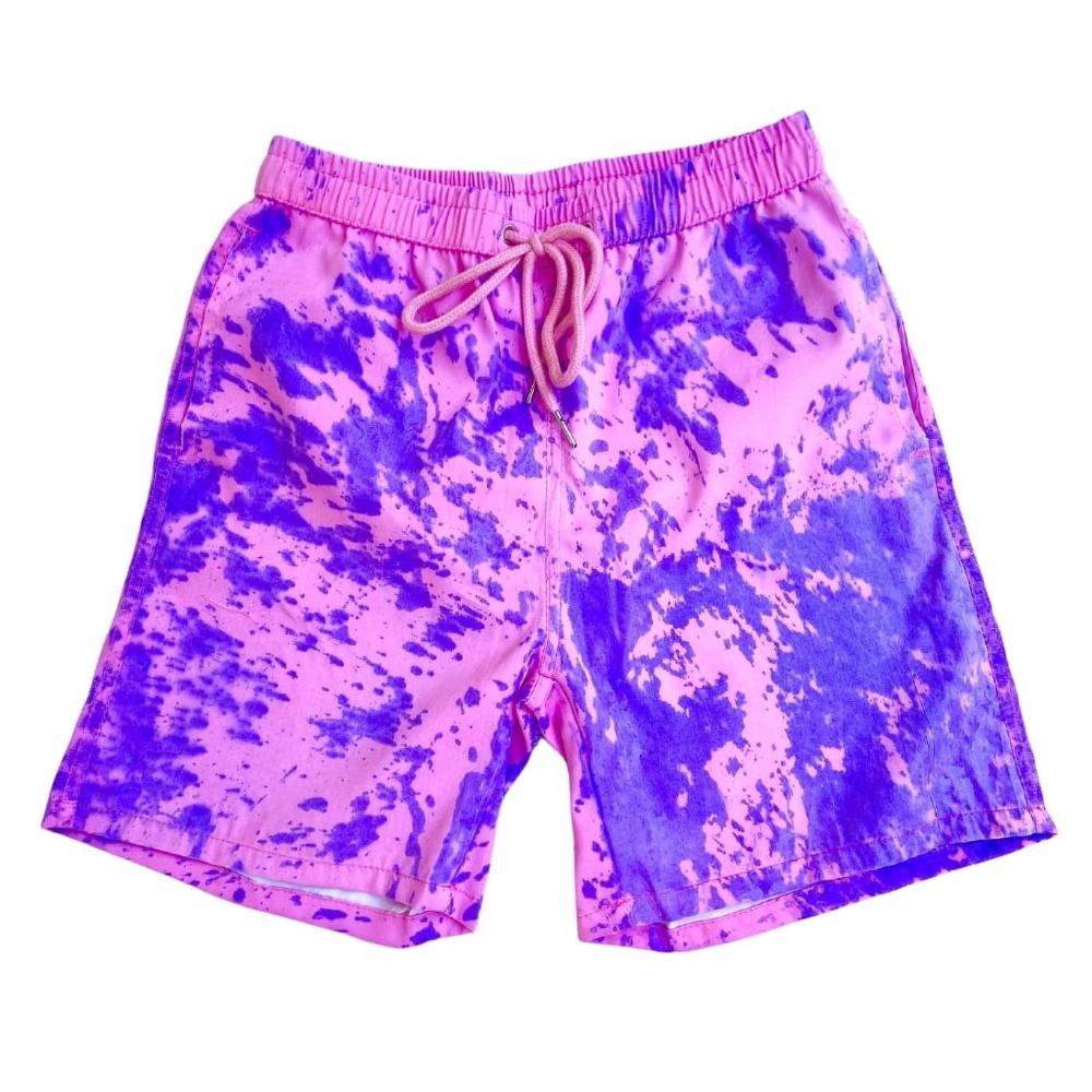 Candy splash is a color changing swim short that transforms from purple to pink when the color changing crystals are activated by temperature. Kameleon Swim