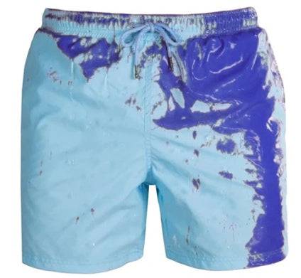 The lapis blue color changing mens swim trunks that transform from a darker blue to a lighter blue when the heat activated crystals reach a certain temperature. Kameleon Swim